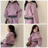 Children Clothing Set 2023 Autumn New Fashionable Two-piece Baby Suit Boy and Girls Solid Color Fleece Hoodie Pants Set